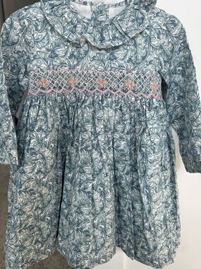 Smocked Floral Long-Sleeve Dress in Sage Blue & Pink